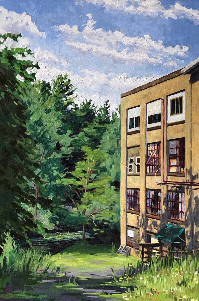 Oil painting of a textile mill in Averill Park, New York by the artist Rachel Van Wylen.