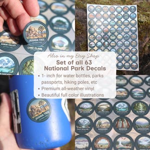 May include: Set of 63 National Park decals, each 1-inch in diameter, featuring full-color illustrations. The decals are designed for water bottles, passports, and hiking poles. The image shows a decal of Joshua Tree National Park.