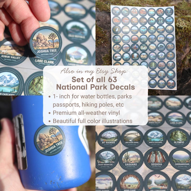 May include: Set of 63 National Park decals, each 1-inch in diameter, featuring full-color illustrations. The decals are designed for water bottles, passports, and hiking poles. The image shows a decal of Joshua Tree National Park.