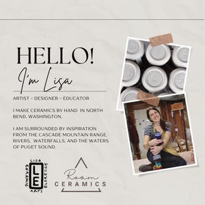 May include: A promotional image for Lisa Eldredge Ceramics. The image includes the text "HELLO! I'm Lisa, ARTIST - DESIGNER - EDUCATOR". It also features a photo of the artist and examples of her ceramic work. The brand logo is also visible.