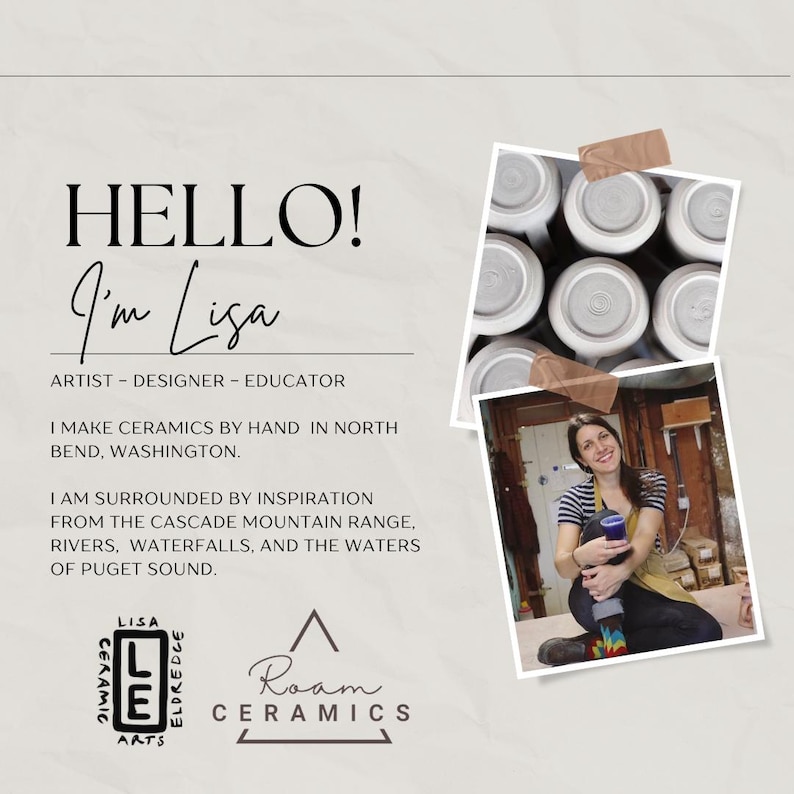 May include: A promotional image for Lisa Eldredge Ceramics. The image includes the text "HELLO! I'm Lisa, ARTIST - DESIGNER - EDUCATOR". It also features a photo of the artist and examples of her ceramic work. The brand logo is also visible.