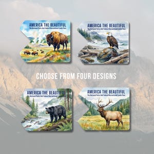May include: Four designs of the "America the Beautiful" National Parks and Federal Recreational Lands Pass are shown. Each pass features a different watercolor illustration: bison, an eagle, a bear, and an elk. The text "CHOOSE FROM FOUR DESIGNS" is also present.