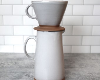 Pour over coffee set in Snow glaze, coffee dripper, coffee brewing, drip coffee, coffee cone, coffee pitcher.