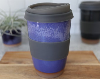 The Travel Mug. Handmade ceramic travel coffee cup in Bright Blue glaze.