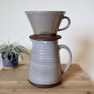 Wheel Thrown Coffee Dripper and Pitcher Set in Linen Glaze. Coffee pour over pitcher, coffee dripper set.