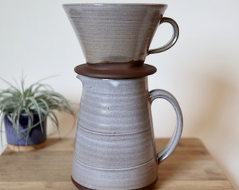 Wheel Thrown Coffee Dripper and Pitcher Set in Linen Glaze. Coffee pour over pitcher, coffee dripper set.