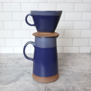 Pour over coffee set in Cobalt Blue glaze. Coffee cone, coffee dripper, ceramic pour over, drip coffee maker.