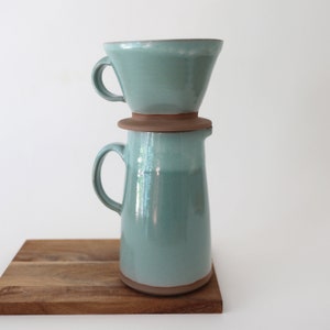 Pour over coffee set in Sage Green glaze. Coffee dripper set. Coffee pitcher and cone.