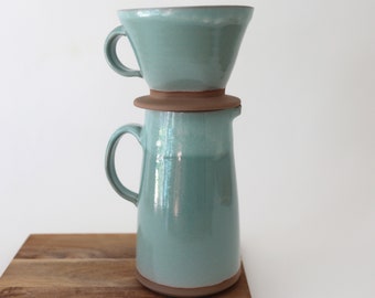 Pour over coffee set in Sage Green glaze. Coffee dripper set. Coffee pitcher and cone.