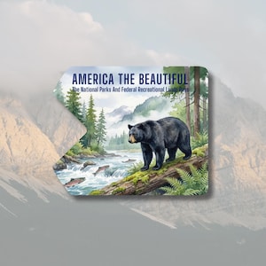 May include: A rectangular pass with rounded corners featuring a watercolor illustration of a black bear standing on a log near a river. The pass reads "AMERICA THE BEAUTIFUL" and "The National Parks And Federal Recreational Lands Pass".