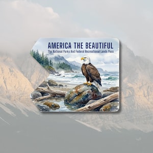 May include: A rectangular pass with rounded corners, featuring a watercolor illustration of a bald eagle perched on a rock by the ocean. The text "AMERICA THE BEAUTIFUL" and "The National Parks And Federal Recreational Lands Pass" are displayed.
