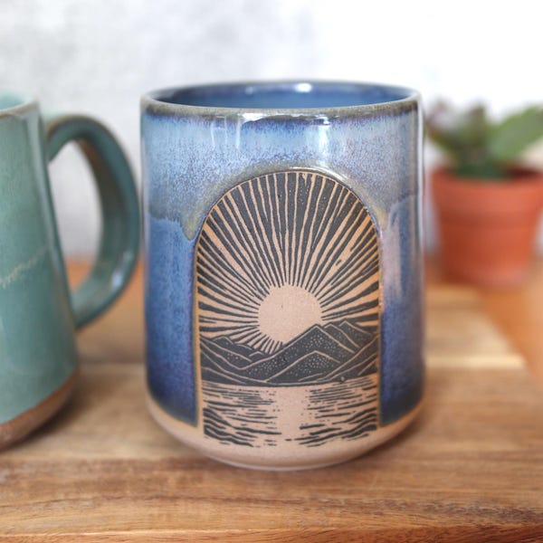 Handmade Ceramic Mug. Mountains, Sun, and Sea Coffee Cup. Teacup For Her.