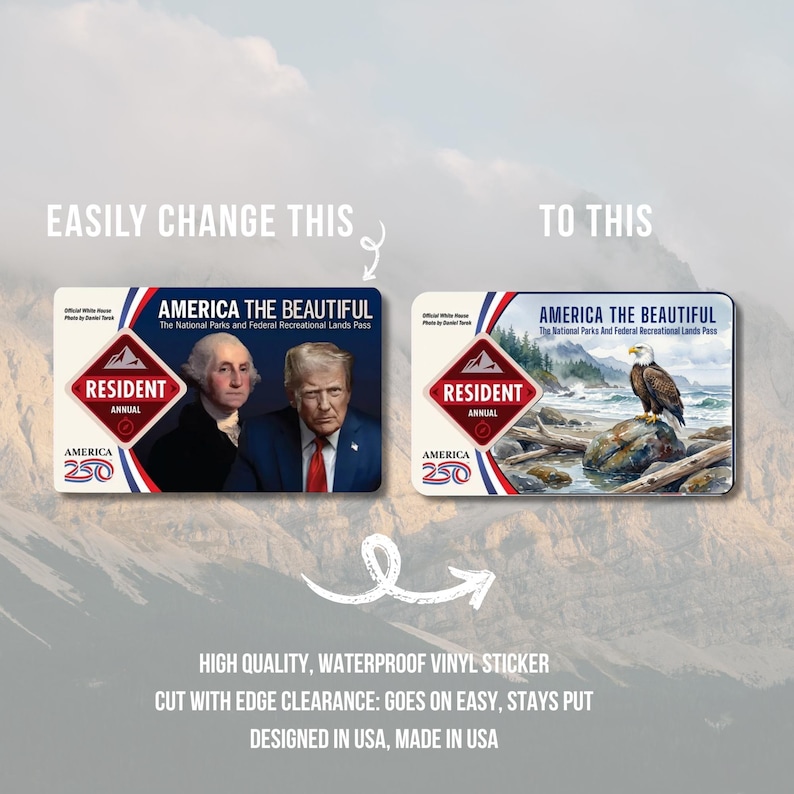 May include: Two versions of an "America the Beautiful" National Parks Pass are shown. One features George Washington and Donald Trump, the other an eagle. The passes are labeled "Resident Annual" and "America 250". The text "Easily Change This" and "To This" are above the passes.