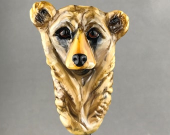 Large Sculptural Grizzly Brown Bear Lampwork Glass Bead Animal Sculpture Bear