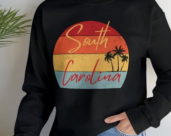 South Carolina Sunset Sweatshirt, SC Sweat Shirt,  Retro Palmetto State design, SC Beach and Palm Tree Shirt Gift, Distressed Sun set Design