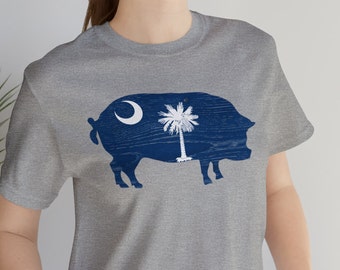 South Carolina BBQ Shirt, SC Barbecue T-Shirt, Pig, Palmetto State, Hog, SC State Flag, Woodgrain, Grill Gifts For Men, Grilling Tee, Smoker