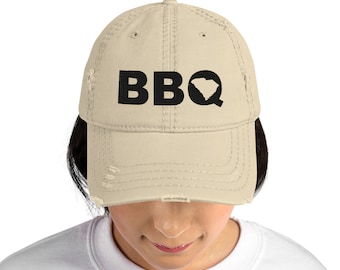 Embroidered SC BBQ Distressed Dad Hat, South Carolina Gifts for Him or Her, Barbecue Cap for Husband or Dad, SC Merch for Wife or Mom