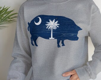 South Carolina BBQ Sweatshirt: Woodgrain Hog & Palmetto Flag