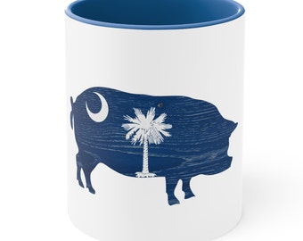 South Carolina BBQ Coffee Cup, SC Barbecue Mug, Pig, Palmetto State, Hog, SC State Flag, Woodgrain, Gifts for Dad, Gifts for Mom
