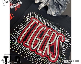 Custom Spangle Scatter with Metallic Puff Mascot Word Tee, Sweatshirt, Team Spirit-Sport Fans Bling Mascot Team Game Day Gear-Sports Mom