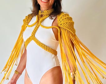 Golden Shoulder Piece – Handmade Macramé Armor for Festival Fashion & Stagewear