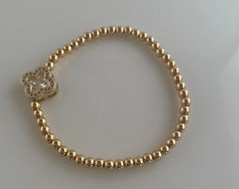 Gold beaded bracelet, Gold beaded stretch bracelet, Gold ball beaded bracelet, Cz bracelet, clover bracelet