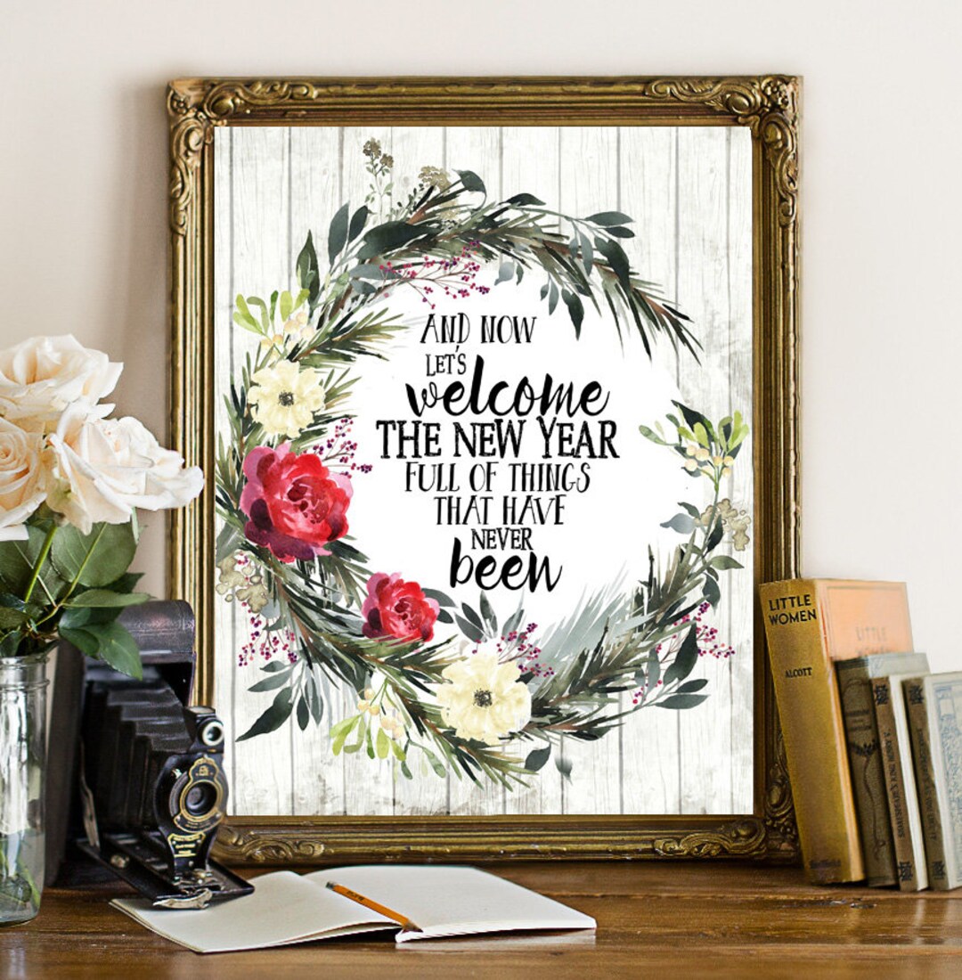 Happy New Year Watercolor Print Green Wreath Print Happy - Etsy