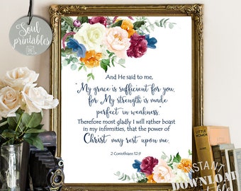 2 Corinthians 12:9 printable art, Bible verse wall art, Christian print, watercolor floral art