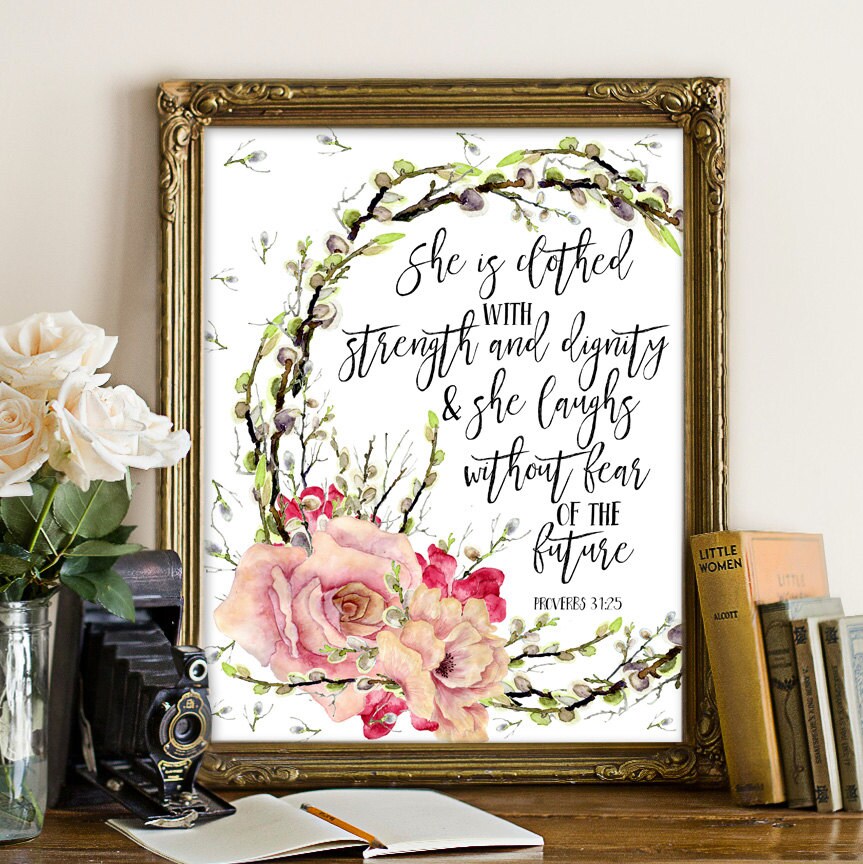 Bible Verse Wall Art She is clothed in strength and dignity | Etsy