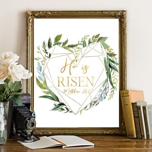 He Is Risen Print, Easter Printable, Easter Wall Art, Easter Home Decor, bible Wall Art, laurel wreath print Easter quote Bible, Gold Letter