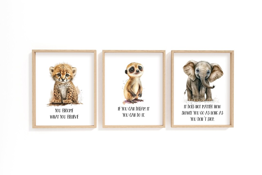 Safari Animals With Inspirational Quotes, Set of 3 Nursery Prints, Cute