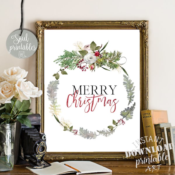 Merry Christmas Printable Sign, Christmas Decor, Holiday Sign Decor, Printable 5x7, 8x10, 11x14, 16x20, Holiday Gift, Rustic farmhouse sign