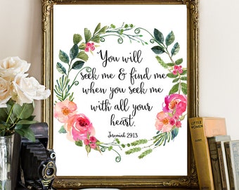 Bible verse wall art Bible printable Greenery floral bible printable Jeremiah 29:13 Digital download printable art