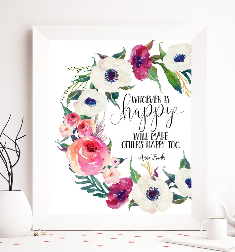 Floral Printable Happiness quote Inspirational Quote Blue wall art Watercolor Printable Motivational Quote printable wall decor