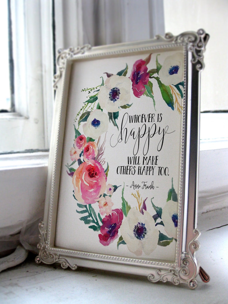 Floral Printable Happiness quote Inspirational Quote Blue wall art Watercolor Printable Motivational Quote printable wall decor