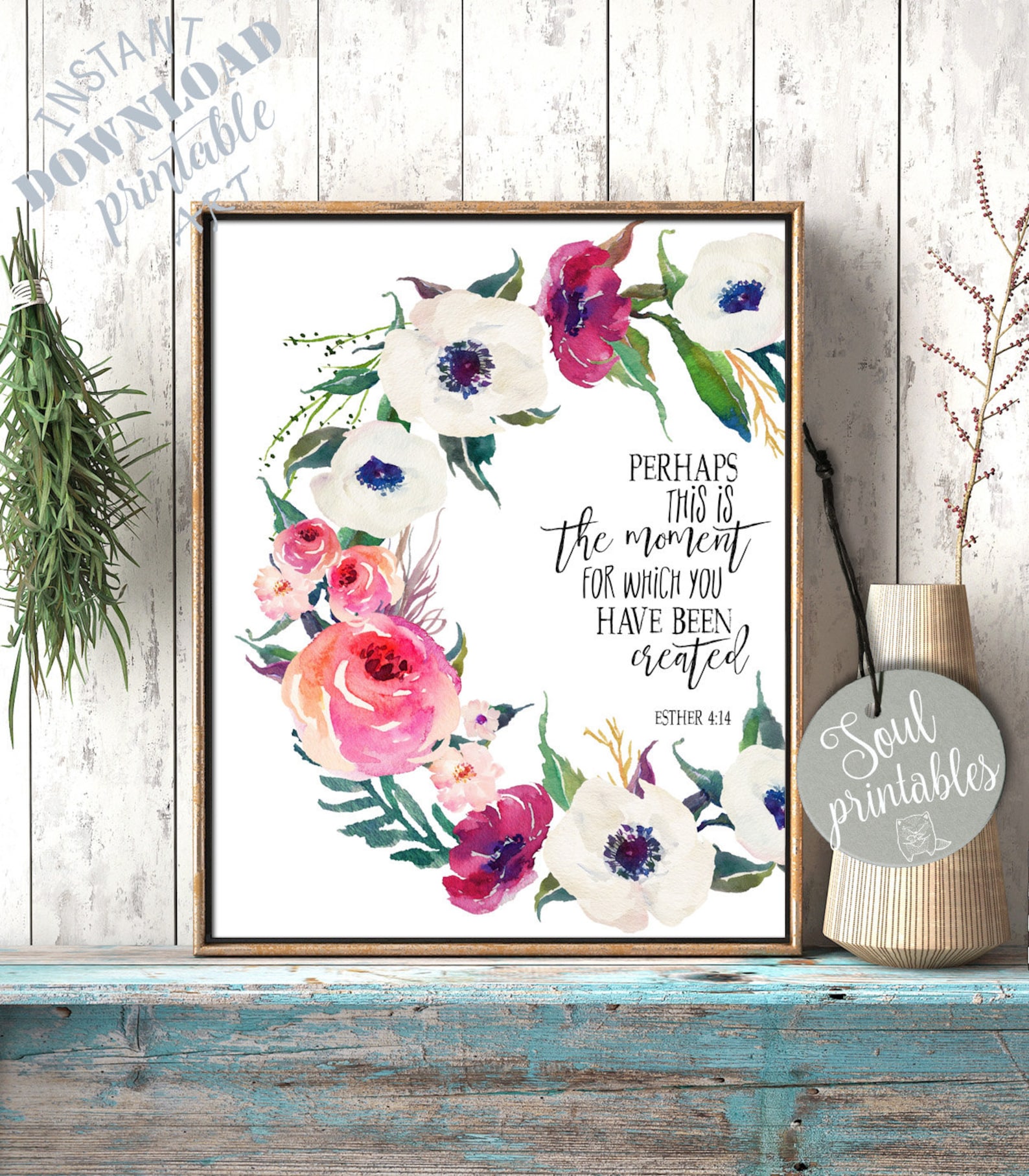 Bible verse wall art Watercolor Floral Art Esther 4:14 | Etsy