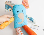 Handmade Plushie, Plush Toy, Elephant, Patchwork, Stuffie, Kids, Stuffed Animal, Polka Dots, Blue, Orange, Nursery, Kids Room, Babyshower