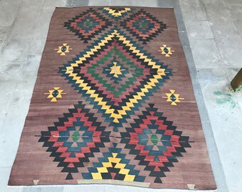 Super Fine Vintage Turkish Anatolian Kilim Rug, Distressed Kilim Rug, Vibrant Colors, Geometric Design, Symetric Design