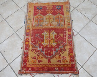 Anatolian Vintage Turkish Rugs, Mihrab and Floral Design, Small Rug, Lively Organic Colors, Red - Earthtones Rug