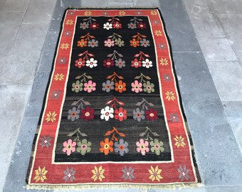 Super Fine Vintage Karabag Kilim Rug, Distressed Kilim Rug, Red, Black, Floral Design