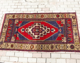 Vintage Turkish Rug, Anatolian Rug in Madder and Indigo, Handmade Distressed Rug, Authentic Rug, Medium Size Wool Rug