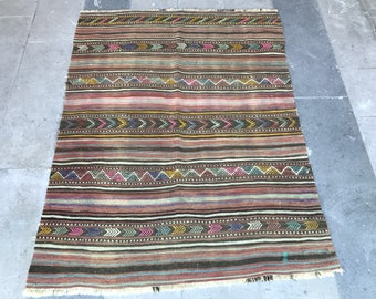 Super Fine Vintage Turkish Anatolian Kilim Rug, Distressed Kilim Rug, Coral Pink, Beige, Purple, Geometric Design, Symetric Design