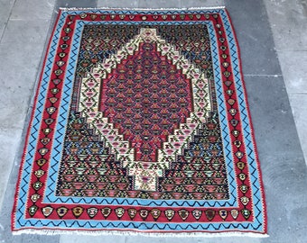 Super Fine Vintage Turkish Anatolian Sine Kilim Rug, Distressed Kilim Rug, Vibrant Colors, Blue, Pink, Red, Area Rug