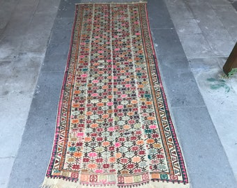 Vintage Turkish Rugs, Kilim Runner Rug, Anatolian, Extra Runner Kilim Rug, Kars Cicim Runner Rug, Beige Natural Kilim, Peach, NotonlyRugs