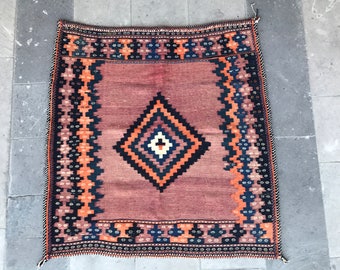 Super Fine Vintage Turkish Anatolian Kilim Rug, Distressed Nomadic Kilim Rug, Pink, Geometric Design, Symetric Design