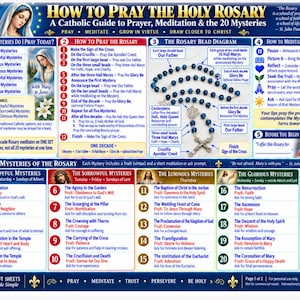 May include: A blue and white instructional guide titled How to Pray the Holy Rosary, featuring a Catholic prayer schedule, a numbered step-by-step process, a diagram of a blue-beaded rosary, and a detailed list of the 20 mysteries with fruits.