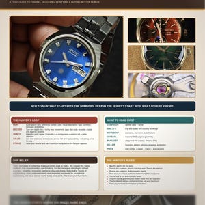 May include: An informational guide titled The Seiko Hunter featuring a blue dial watch with a metal bracelet, smaller watch images, and text sections detailing steps for finding, decoding, verifying, and buying Seiko watches.