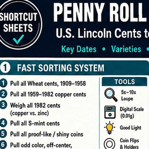 May include: A detailed guide titled "Penny Roll" for U.S. Lincoln cents, featuring a fast sorting system. The guide includes instructions for identifying key dates and varieties, with tools like a loupe, digital scale, and good lighting. The text is in white and blue.