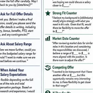 May include: A close-up of a white document with black text. The document includes phrases like "Ask for Full Offer Details" and "Ask About Salary Range." The text is related to salary negotiation and job offers.