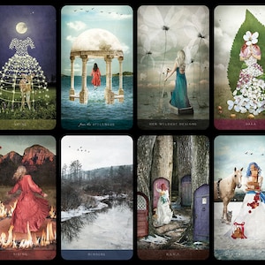 Puede incluir: Un juego de 10 cartas de tarot con varias ilustraciones. Las cartas presentan una variedad de escenas, incluyendo una mujer con un vestido blanco de pie en un bosque, una mujer con un vestido rojo de pie en un cenador y una mujer con un vestido azul de pie en un bote. Las cartas están todas en un estilo vintage con un aspecto desgastado.